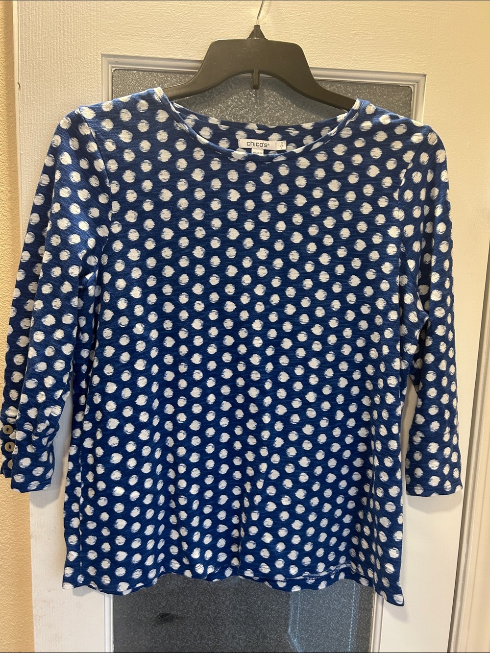 Chico's Navy and White Polka Dot Long Sleeve Tee. Size 2 - large